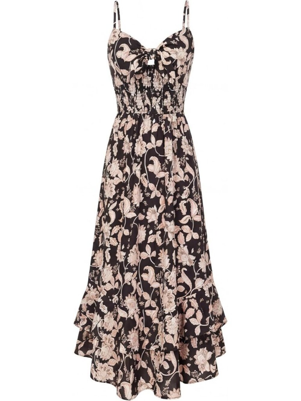 Women's Black And Beige Boho Floral Maxi Sundress Beach Dress With Pockets